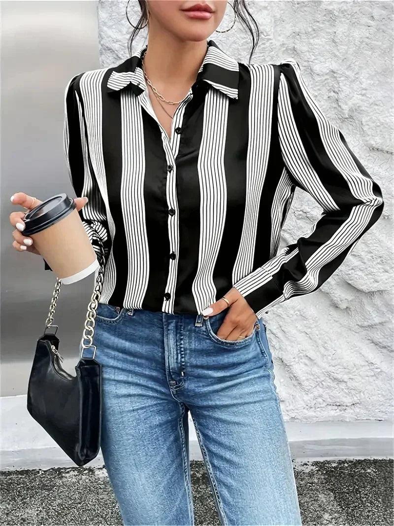 Camisa Feminina de Listras Pretas - Serena Beauty